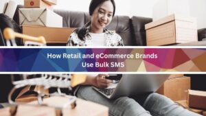 Business seller using bulk sms services while sitting at home surrounded by stocks