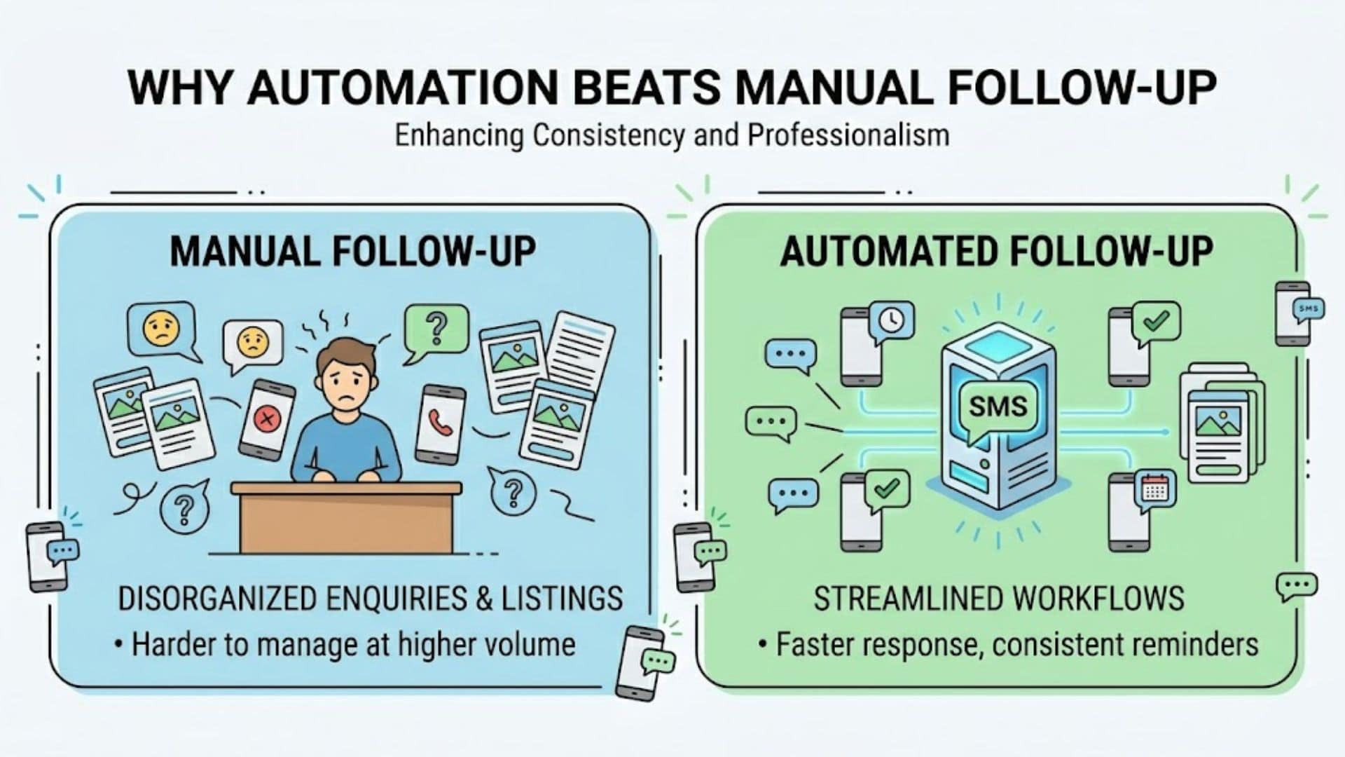 illustration image prepared by SMS by Anchor about why SMS automation beats manual follow up for business