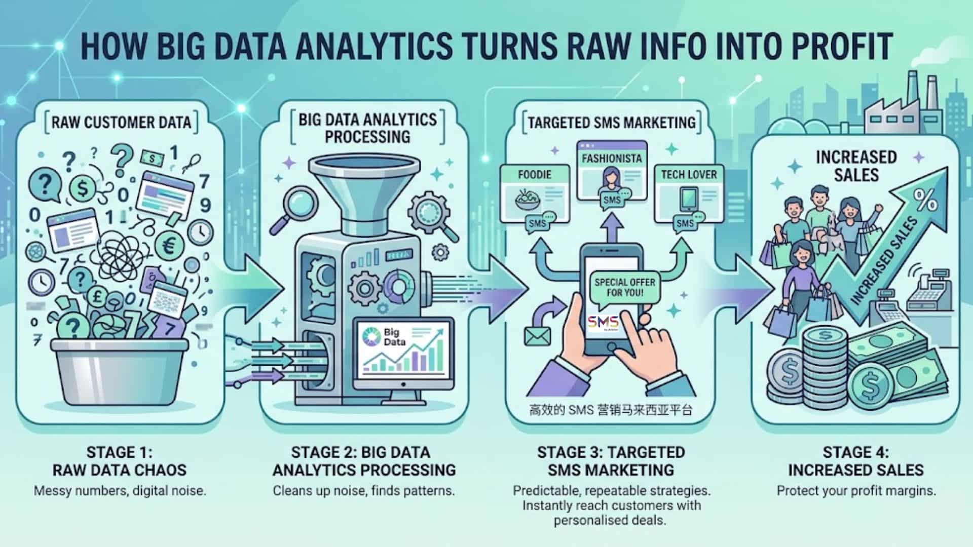 Illustration image explaining how big data analytics turns info into profit for a business.