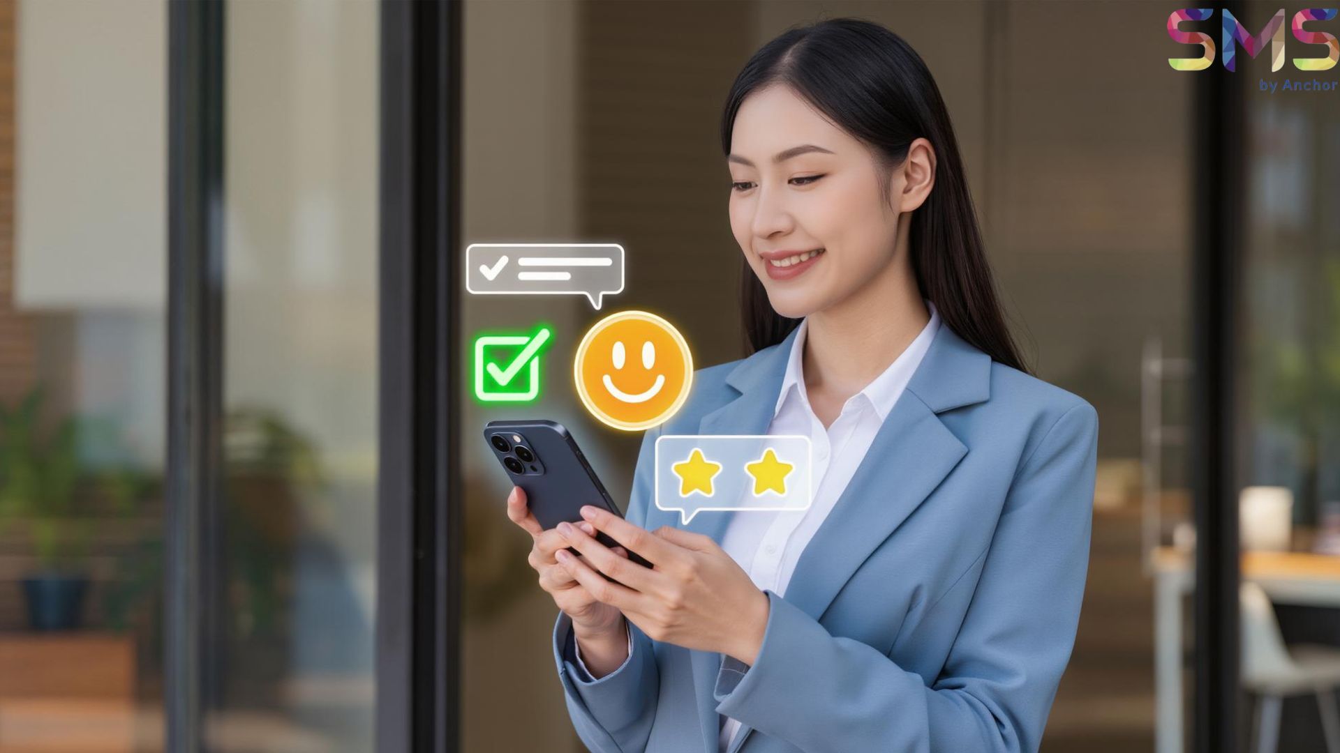 A female customer evaluating customer feedback using SMS